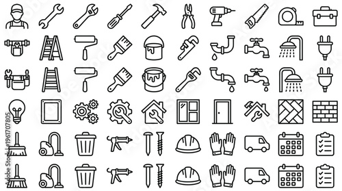 Set of 60 Outline Home Improvement and Repair Icons Vector