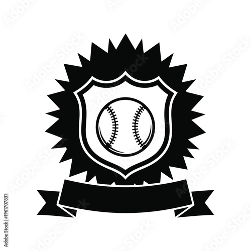Baseball Badge Vector Icon Black and White Emblem with Ribbon for Sports Logo Design