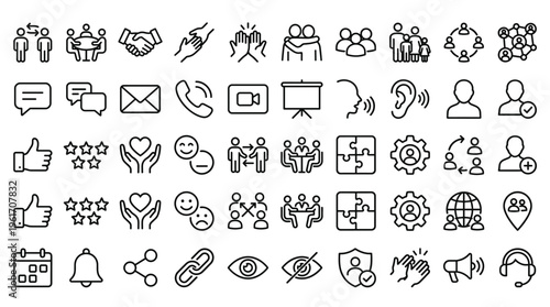 Set of 50 Business Communication and Social Interaction Line Icons Vector