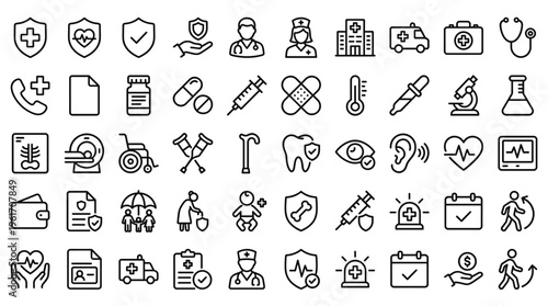 Set of 50 Medical and Healthcare Line Icons Vector