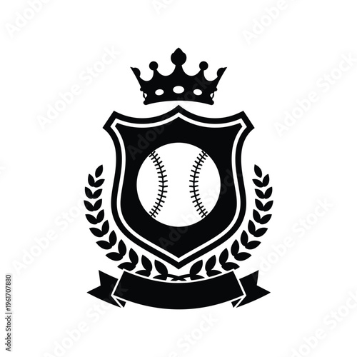 Baseball emblem vector with crown, laurel wreath, and shield in black silhouette style