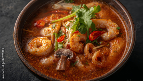 Tom yum goong soup with prawns, mushrooms, and chili, thai spicy and sour soup close-up, thai food