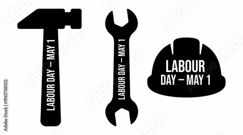 Minimalist silhouettes of hammer, wrench, and hard hat with bold “Labour Day – May 1” text. Strong vector icons honoring workers, solidarity, and international labor celebrations.