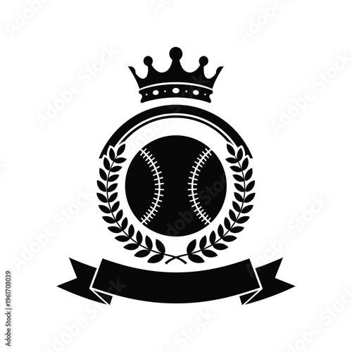 Baseball emblem vector with crown laurel wreath and ribbon in black silhouette style