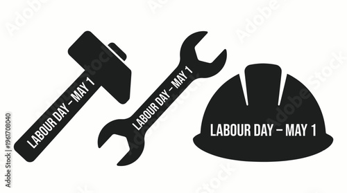 Minimalist silhouettes of hammer, wrench, and hard hat with bold “Labour Day – May 1” text. Strong vector icons honoring workers, solidarity, and international labor celebrations.