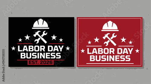 Bold business-themed Labor Day logos with helmet, wrench, hammer, and stars. Strong vector emblems symbolizing construction, industry, and worker pride. Perfect for branding and celebration.