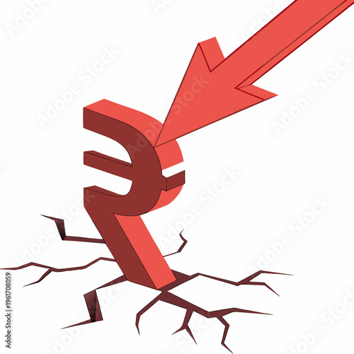 Indian rupee symbol with a downward arrow on a indicating financial decline or economic crisis