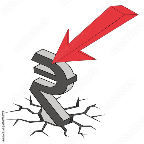 A large dollar sign with a red arrow pointing down through it into cracked earth