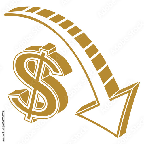 Golden dollar sign with downward arrow on indicating financial loss or decrease