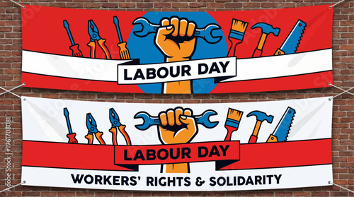 Powerful Labour Day posters with raised fist holding wrench, surrounded by tools and gear. Bold design emphasizing workers’ rights, solidarity, and industrial strength in vibrant vector style.