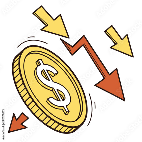 A cartoon illustration of a dollar coin with arrows pointing downward indicating a decrease in value