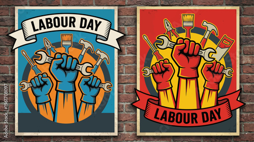 Powerful Labour Day posters with raised fist holding wrench, surrounded by tools and gear. Bold design emphasizing workers’ rights, solidarity, and industrial strength in vibrant vector style.