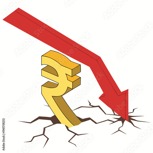 Indian rupee symbol with a red downward arrow on a indicating economic decline or financial crisis