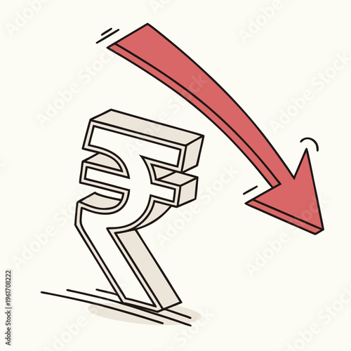 Indian rupee symbol with a downward red arrow indicating currency devaluation or economic decline