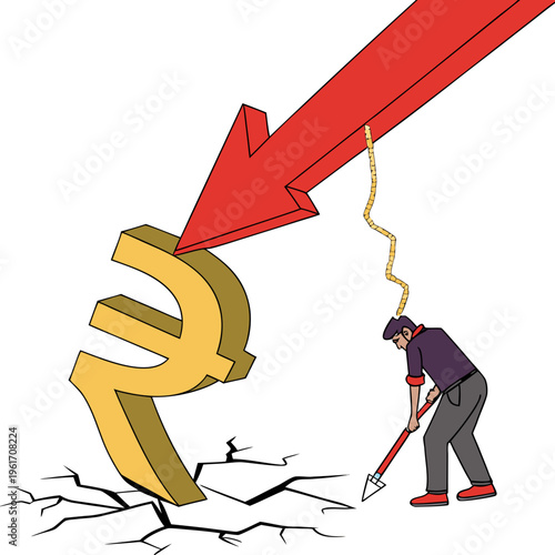A man digs a hole with a large indian rupee symbol falling into it and a red downward arrow pointing to it