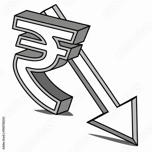 Indian rupee symbol with a downward arrow indicating decline or decrease in value