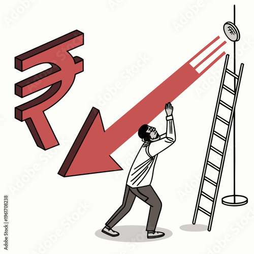 Man trying to reach a coin on a pole with a large red arrow pointing down and an indian rupee symbol