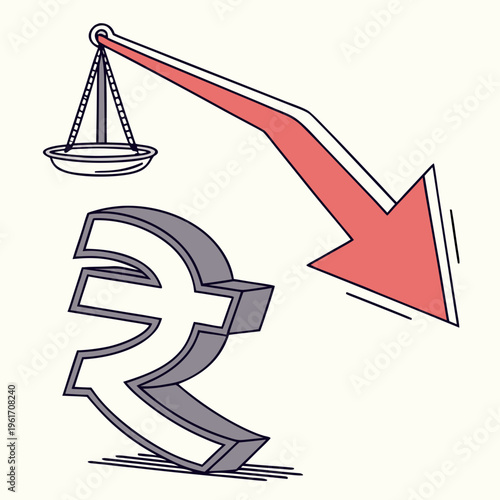 Indian rupee symbol with a downward arrow and a scale on a beige background indicating economic decline or financial imbalance