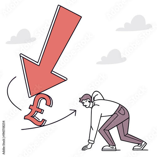 A man bends over with a large red downward arrow and pound symbol affecting him emotionally