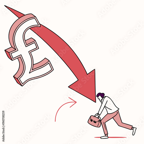 Businessman running away from falling pound sterling symbol with downward arrow indicating financial loss or economic decline