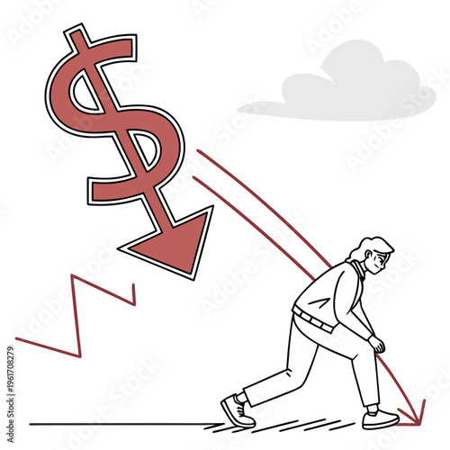 Businessman struggling with falling dollar sign and declining graph lines indicating financial loss or economic downturn