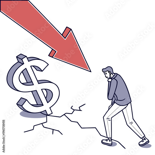 A worried man looking at a falling dollar sign with a large red arrow pointing downwards