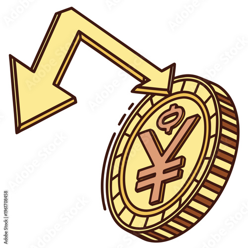 Illustration of a chinese yuan coin with a downward arrow indicating depreciation or decline in value