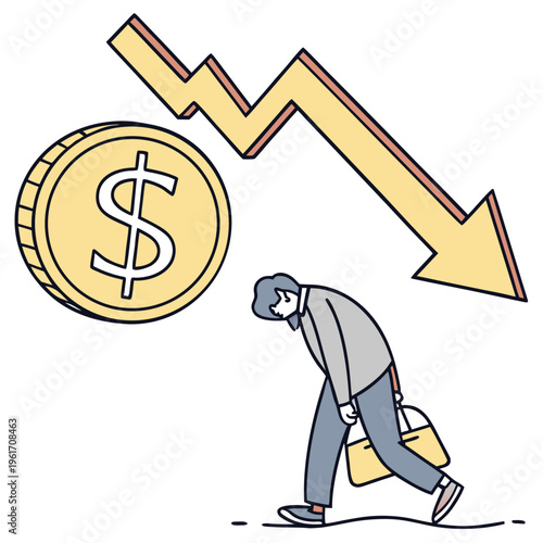A cartoon man walks dejectedly under a downward arrow and a large coin with a dollar sign on it, symbolizing financial loss or economic downturn