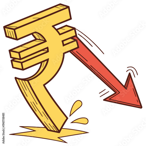 Indian rupee symbol with a red arrow pointing downwards, indicating a decline or decrease in value