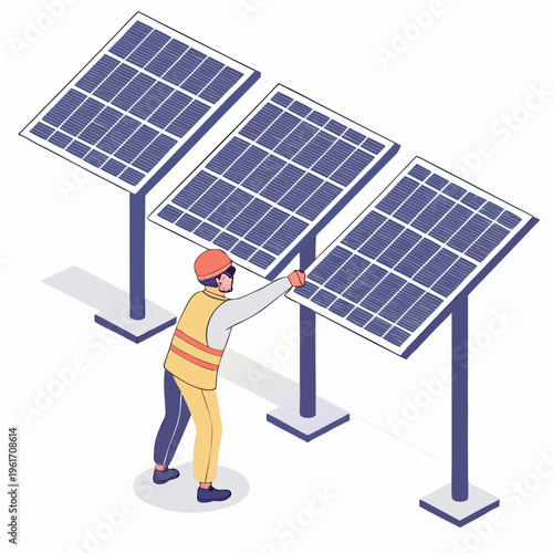 An illustration of a worker in safety gear installing or adjusting solar panels on a for renewable energy solutions and sustainable power generation