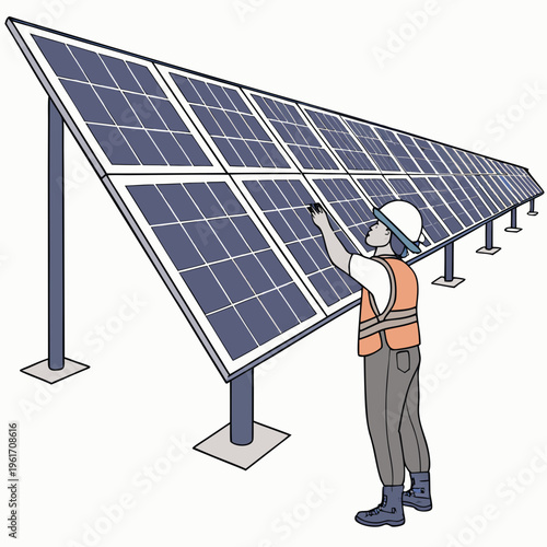 A worker in an orange vest and white hard hat installing or inspecting solar panels on a rack