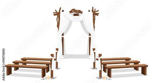 Wedding, ceremony, aisle, pews, altar, white, fabric, decorations, brown, wooden, vector