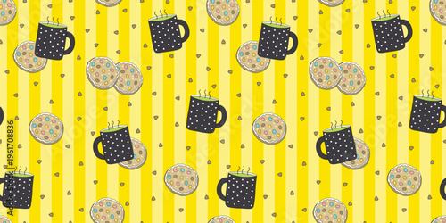 Cute bright seamless pattern. Jelly beans and a mug of green tea on a yellow background. Delicious baked goods. Vector cartoon design. Suitable for wallpaper, textiles, packaging, backgrounds.