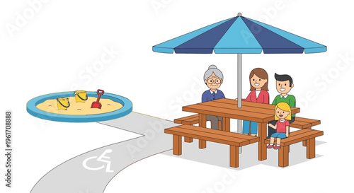 Accessible picnic area, family friendly park, inclusive outdoor space, playground, vector illustration