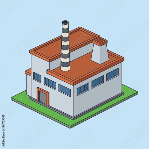 Isometric factory building illustration with a tall smokestack and windows, representing industry and production