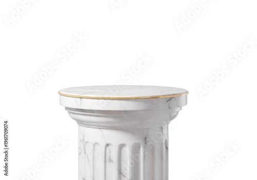 Greek Roman White marble pedestal podium with gold trim, isolated on background. Minimal luxury column stand for product presentation, cosmetic, gallery showcase with copy space. 3d render
