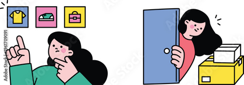 Woman contemplates choices while another eagerly awaits a delivery with an excited expression and open door