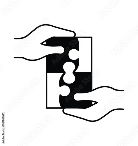 Two hands holding a vector puzzle piece with a missing piece to complete the puzzle