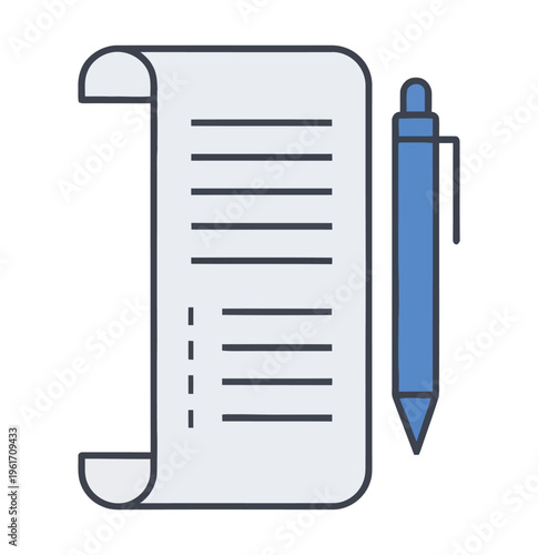 Vector depicting a lined paper scroll with a blue pen placed beside it