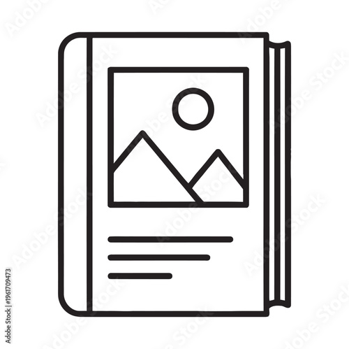 Clean line art vector of a book cover featuring a minimalist picture frame design with mountains and sun
