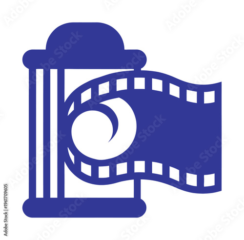 Blue vector of a classic film reel with a film strip winding around it