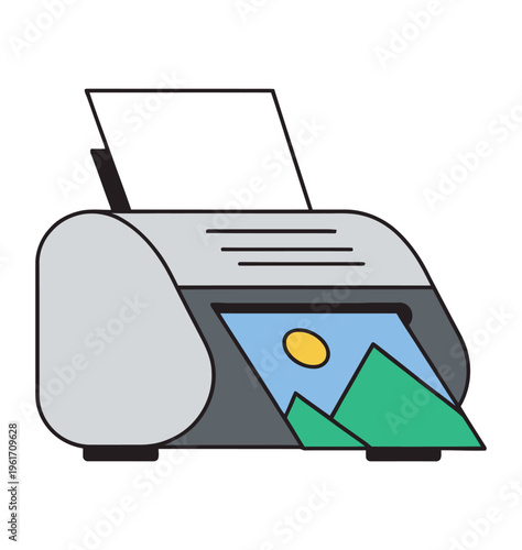 Vector of a printer with a partially printed image emerging from the output tray