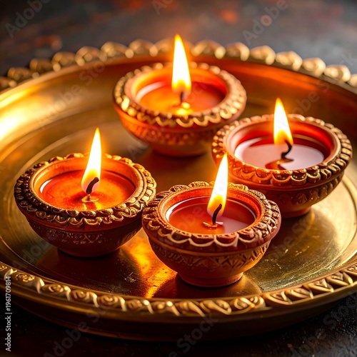 Close-up of burning oil lamps on a golden decorative tray, with dark background