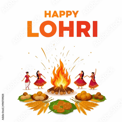 Happy Lohri Vector Poster  Winter Harvest Festival  Flat Illustration with Warm Orange and Red