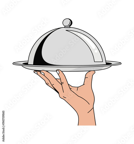 Vector of a hand holding a silver cloche dish cover with a knob