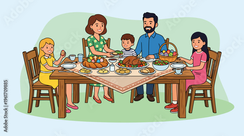 Family making toast during festive Easter banquet modern minimalist flat vector