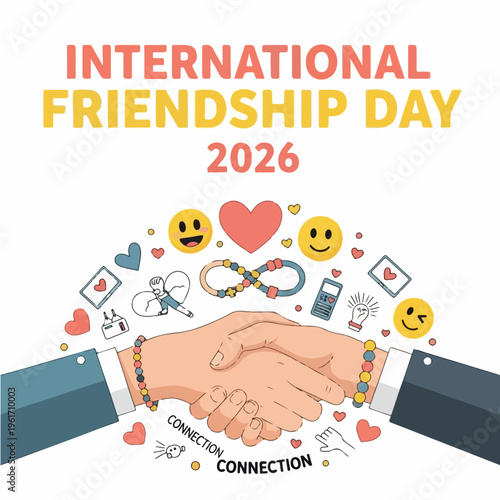 International Friendship Day 2026 Vector Poster  Friendship Celebration  Flat Illustration with Warm Coral and Yellow