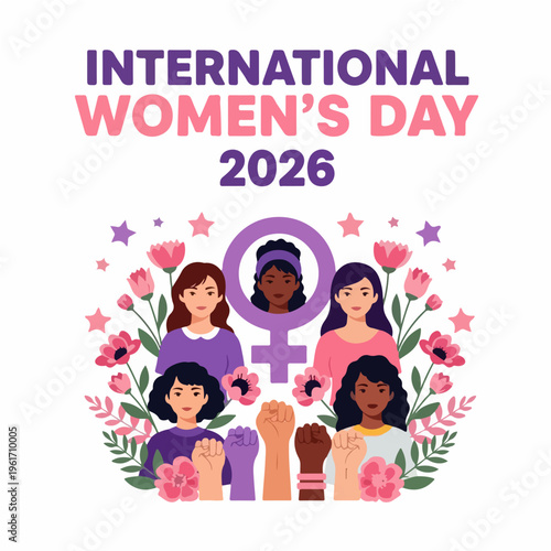 International Women's Day 2026 Vector Poster  Women Empowerment  Flat Illustration with Empowering Purple and Pink