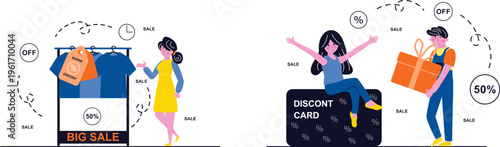 Exciting shopping scene featuring discounts, sales, and happy customers enjoying various promotional deals and offers