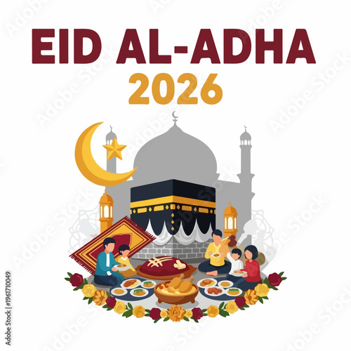 Eid al Adha 2026 Vector Poster  Festival of Sacrifice  Flat Illustration with Rich Maroon and Gold